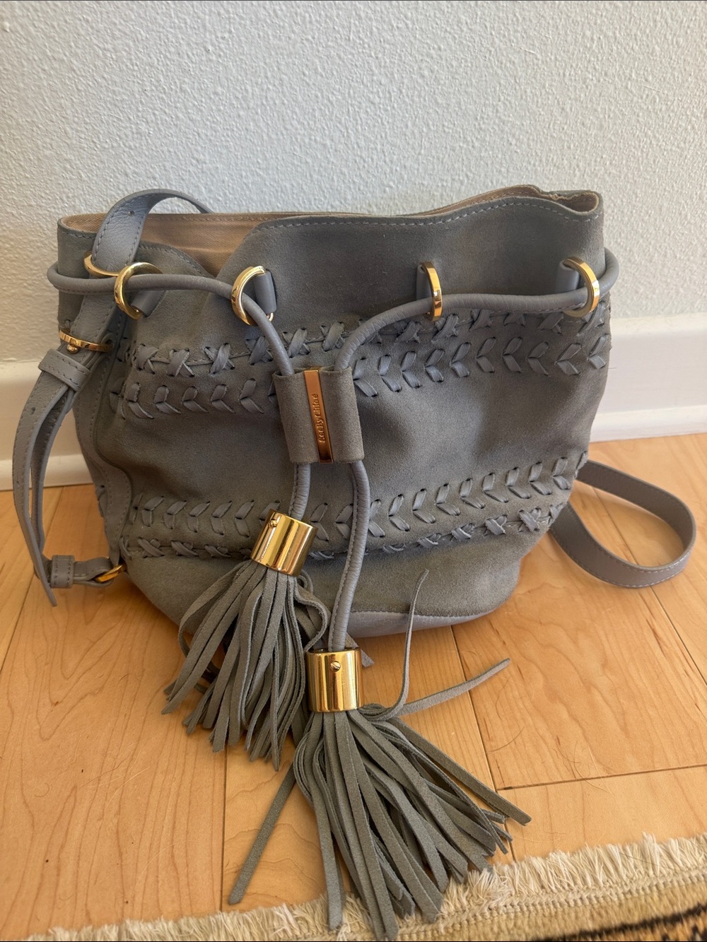 See By Chloé Gray Suede Drawstring Tassel Crossbody Bag